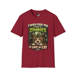 Zombie Push horror cat parody t-shirt adult cardinal red front view