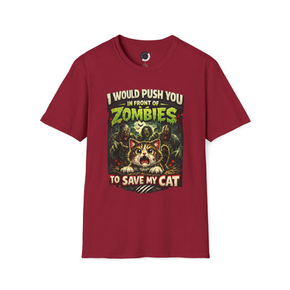 Zombie Push horror cat parody t-shirt adult cardinal red front view
