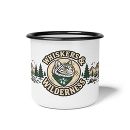 Whiskers & Wilderness Enamel Camp Mug — Cat Camper Outdoor Coffee Cup