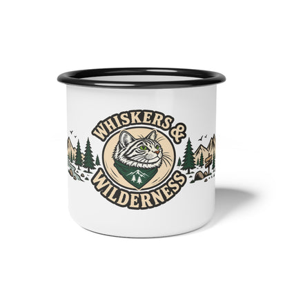 Whiskers & Wilderness Enamel Camp Mug — Cat Camper Outdoor Coffee Cup