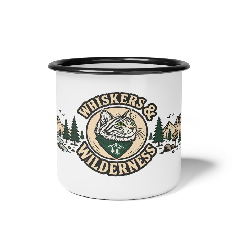 Whiskers & Wilderness Enamel Camp Mug — Cat Camper Outdoor Coffee Cup