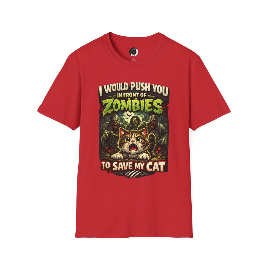 Zombie Push horror cat parody t-shirt adult red front view