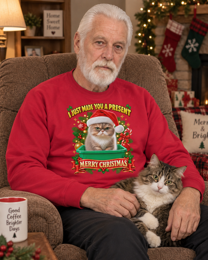 Christmas Cat Sweatshirt – “I Just Made You a Present” Holiday Sweater