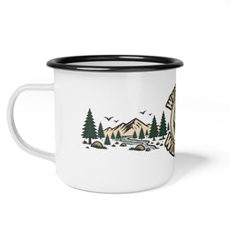 Whiskers & Wilderness Enamel Camp Mug — Cat Camper Outdoor Coffee Cup