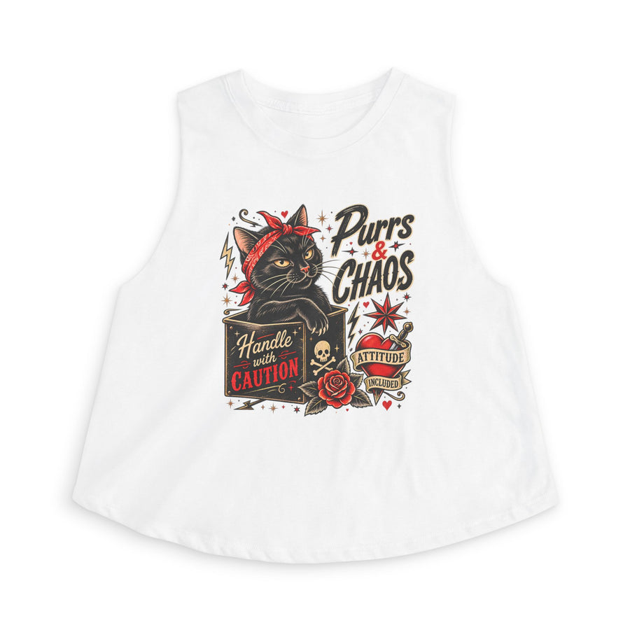 Purrs & Chaos Crop Top – ‘Handle With Caution’ Retro Cat Graphic
